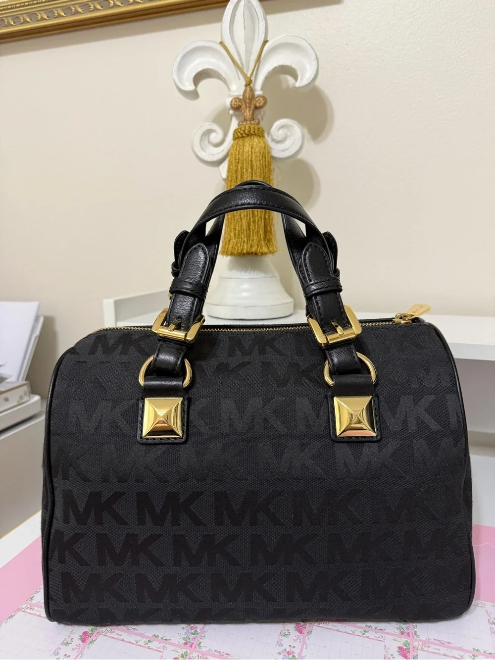 Michael Kors Logo-Print Handbag With Leather Handles And Leather Bag Charm.